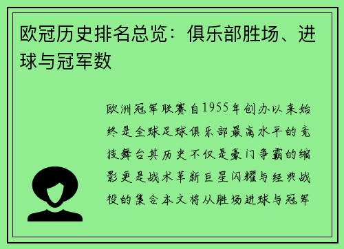 欧冠历史排名总览：俱乐部胜场、进球与冠军数